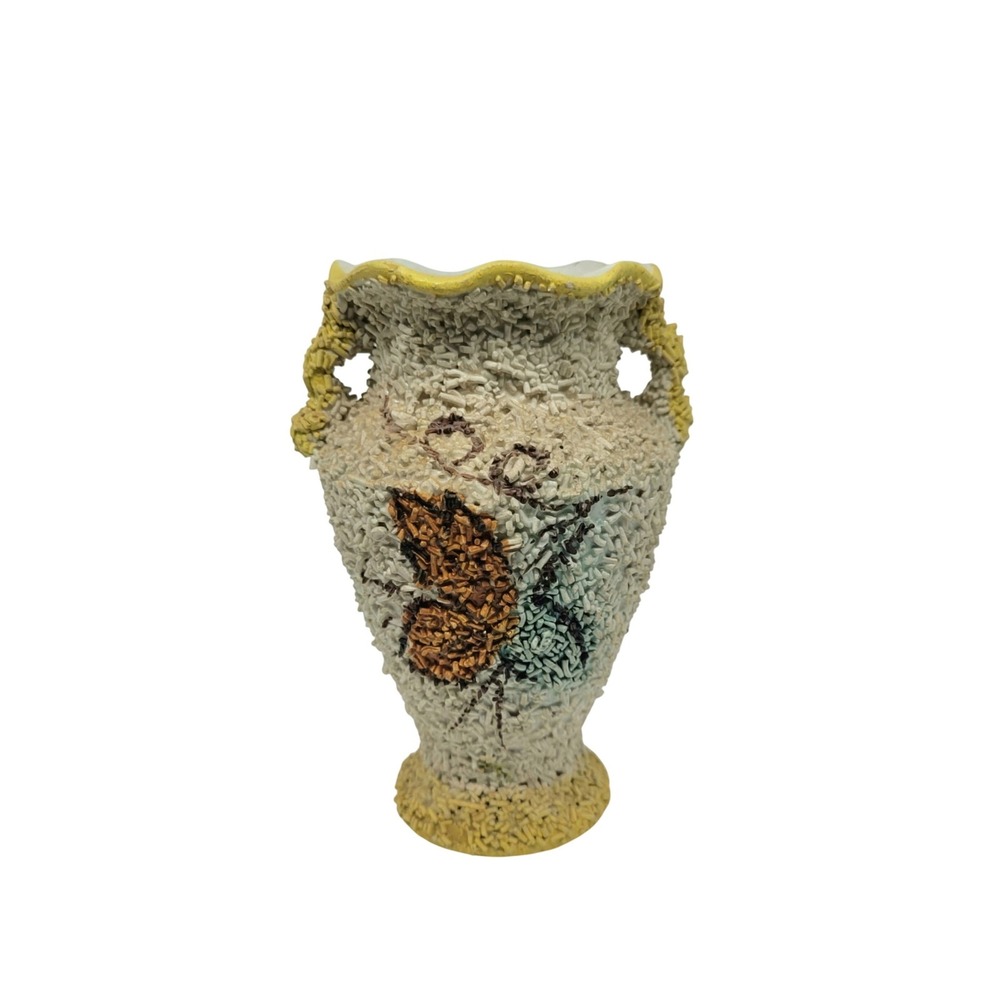 Vintage Italian Spaghetti Lava Ceramic Vase Butterfly Hand Painted‎ Italy 117/B